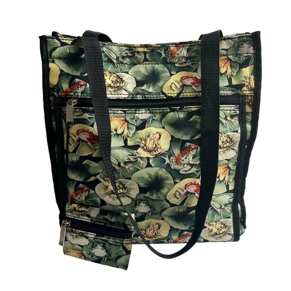 Canvas Shoulder / Tote Bag with Matching Change Purse FROGS! - Picture 1 of 16